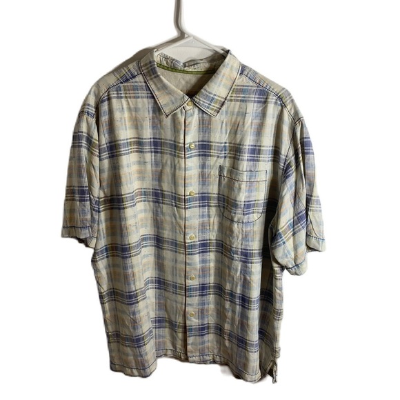 Tommy Bahama 100% Silk Button Down Shirt Short Sleeve Cream Blue Plaid Men’s XL - Picture 1 of 6
